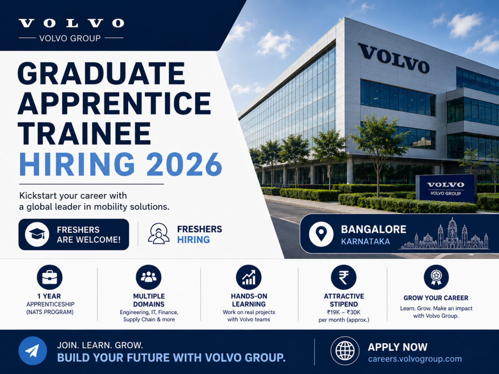 Graduate Apprentice Trainee jobs in Bangalore for B.Com freshers at Volvo Group office.