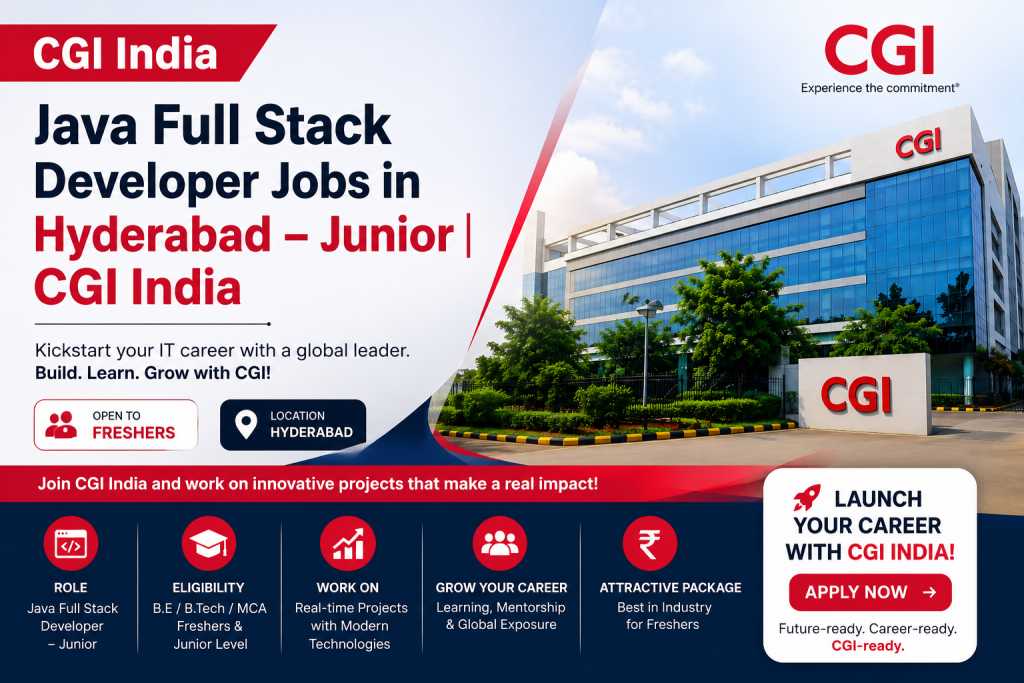 Junior Java Full Stack Software Engineer job opening in Hyderabad at CGI with Java and ReactJS skills.