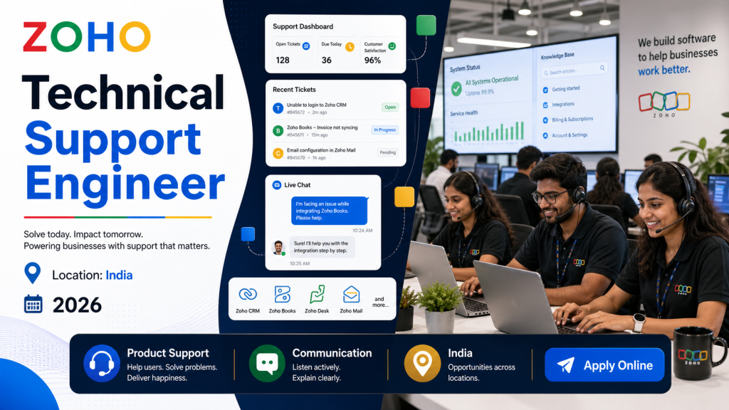 Zoho Technical Support Engineer recruitment 2026 in India professional hiring banner